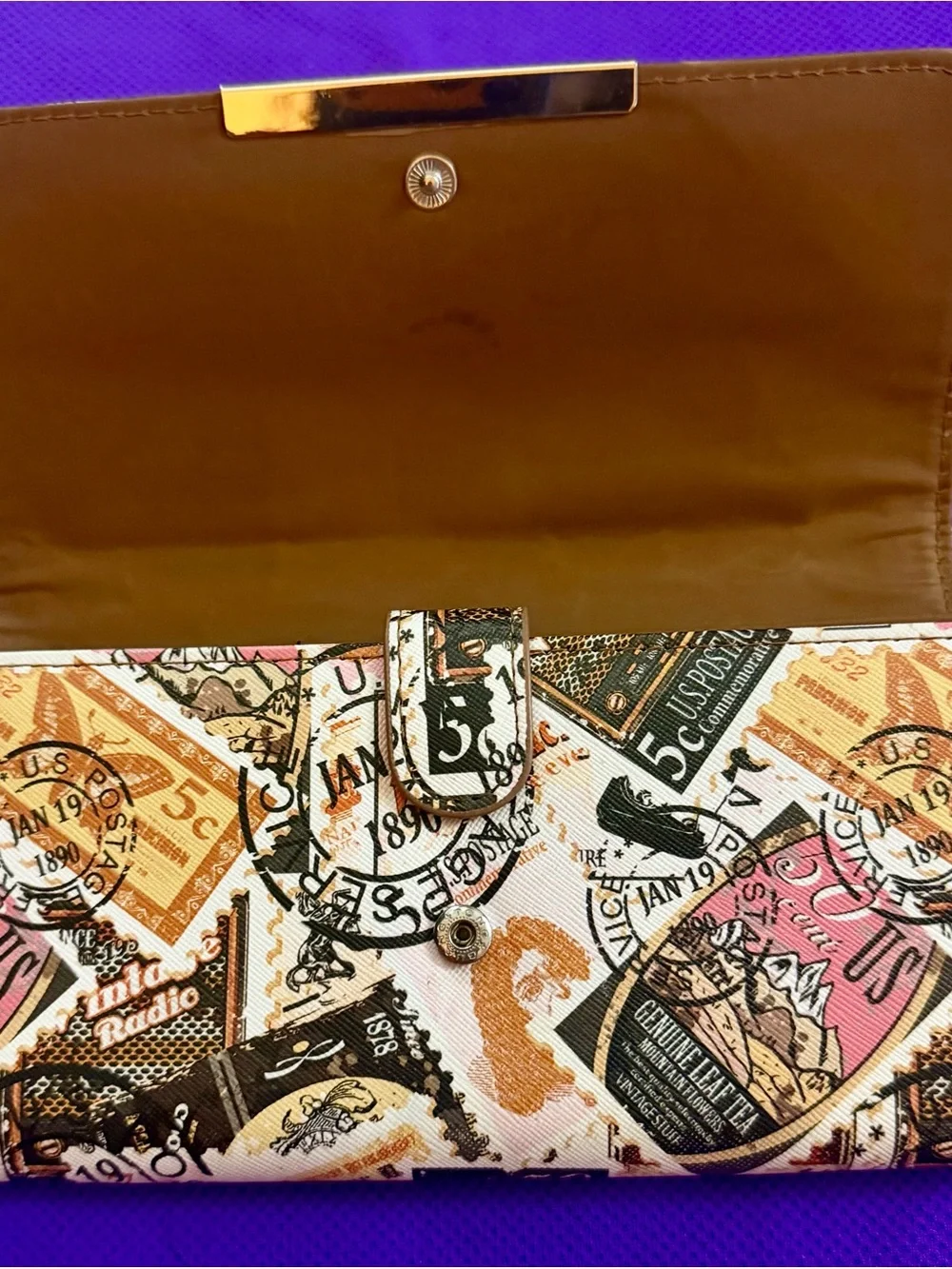 Printed Travel-Stamp Women’s Wallet in Pink and Brown